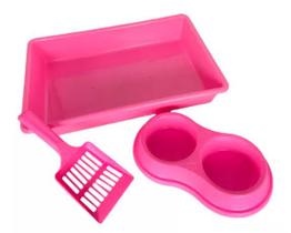 Kit Casadinho para Gato (Bandeja + Pá + Comedouro Duplo) Cor Rosa