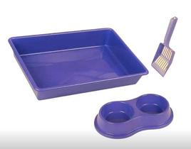 Kit Casadinho para Gato (Bandeja + Pá + Comedouro Duplo) Cor Roxo