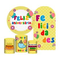 Kit Casado Aniversário 3D Painel Redondo Trio Capas Cilindro