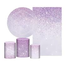 Kit Casado Glitter Lilás Painel Redondo Trio Capas Cilindro