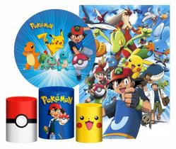 Kit Casado Pokemon Painel Redondo Trio Capas Cilindro