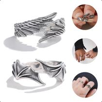 Kit Casal 02 Anel Ajustável Asas de Anjo e Asas Demônio Prata Unissex