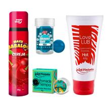Kit Casal 4 Itens Gel Lubrificante Comestível Bolinhas Explosivas Pomada e Óleo Hot