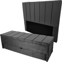 Kit Casal Baú Gaveta e Cabeceira Com Fixação no Box 140x117cm Modelo Livert Na Cor Cinza Escuro