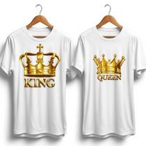 Kit Casal Camisa Plus Size King Queen Estampa Coroa Dourada Premium Luxo Casual 100% Algodão Premium
