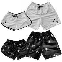 Kit Casal Com 4 Shorts Adultos Bermudas Tactel Moda Praia Feminino e Masculino