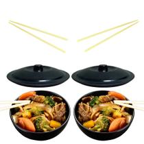 Kit Casal Comida Japonesa 2 Tigelas com Tampa + Dois Pares Hashis