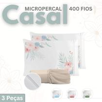 Kit Casal Lençol Micropercal 400 fios Ponto Palito Fronha Estampada