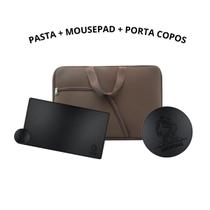 Kit Case Capa Maleta Pasta Para Notebook Escritório + MousePad Preto De Couro Gamer 60x40 + Porta Copos