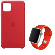 Kit Case Capa Silicone iPhone 11 + Pulseira Apple Watch Vermelho 42mm e 44mm