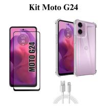 Kit Case Capinha Transparente + Película 3D de Vidro + Cabo USB Tipo C para Motorola Moto G24