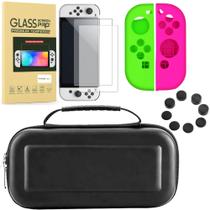 Kit Case Nintendo Switch Oled Pelicula Grip Silicone Joy Con