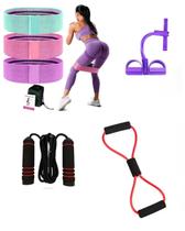 Kit caseiro para exercícios, contendo 03 faixas, 01 faixa elastica, 01 extensor e 01 corda. cat 106.