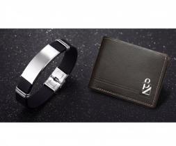 KIT Casual Elegante: Pulseira Silicone Aço Inox + Carteira Slim Premium Preta