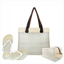Kit Casual Feminino Azul-Marfim com Bolsa, Necessaire e Chinelo, Magicc Kit Casual Feminino Azul-Marfim com Bolsa, Necessaire e Chinelo, Magicc