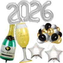 Kit Celebração 2026: 4 Balões Metalizados Números 75cm, 2 Estelas 45cm, Balões Garrafa Champanhe e Taça Cheers 100cm Kit Celebração 2026: 4 Balões Metalizados Números 75cm, 2 Estelas 45cm, Balões Garrafa Champanhe e Taça Cheers 100cm