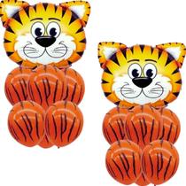 Kit Celebração Safari Tigre: 2 Balões Metalizados Tigre 56 Cm + 25 Balões Látex Estampados N9 Tigre