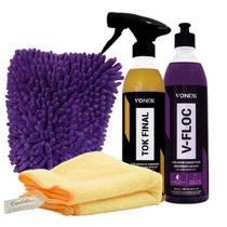 Kit Cera Carnauba Tok Final Spray 500ml + Pano de Microfibra Cadillac + Shampoo V-floc 500ml + Luva de Microfibra