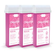 Kit Cera Depilatória Corporal Roll On Refil Rosa Pack 3 Unidades Depilflax 100g