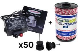 Kit Cerca Elétrica 30km + Fio 250m + 50 Isolador Roldana 36