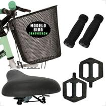 Kit Cesta Bike Extra Grande Aro 26 + Selim 2 Molas Confortável + Pedal + Manoplas Punho Espuma