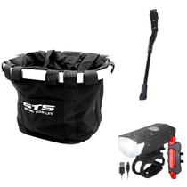 Kit Cesta Bike Grande + Desacanso Pezinho Aro 26/29 + Farol E Lanterna Led