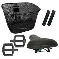 Kit Cestinha Bike Cesta Aro 24/26 + Selim Banco 2 Molas + Pedal Plataforma + Punhos Manopla