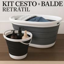 Kit Cesto Bacia 26l + Balde 5l Silicone Dobrável Lavanderia