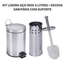 Kit Cesto de Lixo Lixeira Inox 3 Litros com Pedal Balde Removível e Escova Sanitária com Suporte