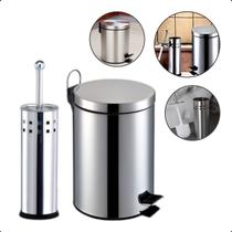 Kit Cesto de Lixo Lixeira Inox com Escova Sanitária e Suporte Pedal Balde Interno Removível 3 Litros Casa Banheiro