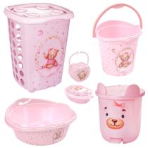 Kit cesto de roupa de bebê decorada plasutil 6 peças + bacia + lixeira + balde menino e menina