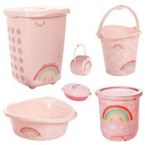 Kit cesto de roupa de bebê decorada plasutil 6 peças + bacia + lixeira + balde menino e menina