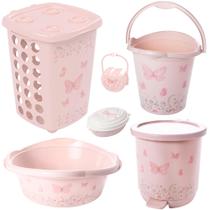 Kit cesto de roupa de bebê decorada plasutil 6 peças + bacia + lixeira + balde menino e menina