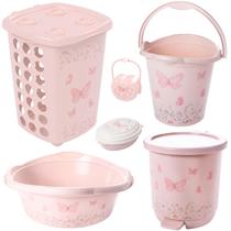 Kit cesto de roupa de bebê decorada plasutil 6 peças + bacia + lixeira + balde menino e menina