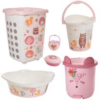 Kit cesto de roupa de bebê decorada plasutil 6 peças + bacia + lixeira + balde menino e menina