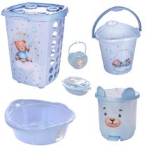 Kit cesto de roupa de bebê decorada plasutil 6 peças + bacia + lixeira + balde menino e menina