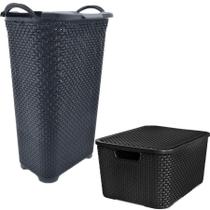 Kit Cesto De Roupa Rattan 50L + Caixa Organizadora 7L Preta