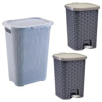 Kit Cesto De Roupas 30L Cinza+Lixeiras Smart 15L+7L Cimento