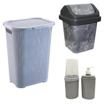 Kit Cesto De Roupas 30L + Lixeiras 4L + Kit Toalete Cinza