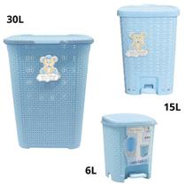 Kit Cesto De Roupas 30L + Lixeiras Smart 15L e 6L Azul Bebê