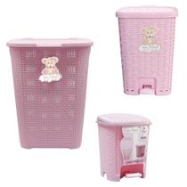 Kit Cesto De Roupas 30L + Lixeiras Smart 15L e 6L Rosa Bebê