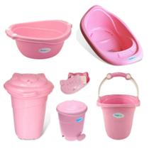Kit Cesto, Lixeira, Saboneteira, Balde, Bacia E Banheira 22L Gatinha Rosa - Plastibaby