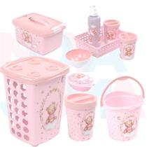 Kit Cesto, Lixeira, Saboneteira, Balde, Caixa Org. e Kit Higiene - Ursa rosa