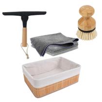 Kit Cesto Organizador Bambu Escova Rodo 3 Panos Microfibra