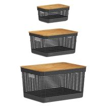 Kit Cesto Organizador Grid Preto Tampa Bambu 03 Peças Kit Cesto Organizador Grid Preto Tampa Bambu 03 Peças