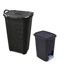 Kit Cesto Organizador Multiuso 50L + Lixeira Pedal Rattan 7L
