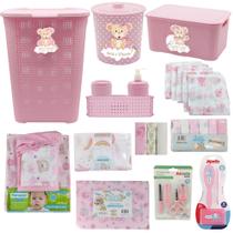 Kit Cesto Rattan + Enxoval Bebê Organizador Lixeira Fraldas