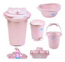 Kit Cesto Roupa De Bebê Plastibaby com Bacia + Balde + Lixeira + Organizador + Cabide - Azul e Rosa