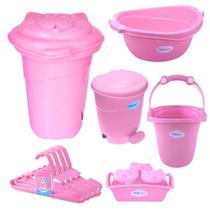 Kit Cesto Roupa De Bebê Plastibaby com Bacia + Balde + Lixeira + Organizador + Cabide - Azul e Rosa