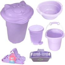 Kit Cesto Roupa De Bebê Plastibaby com Bacia + Balde + Lixeira + Organizador + Cabide - Azul e Rosa